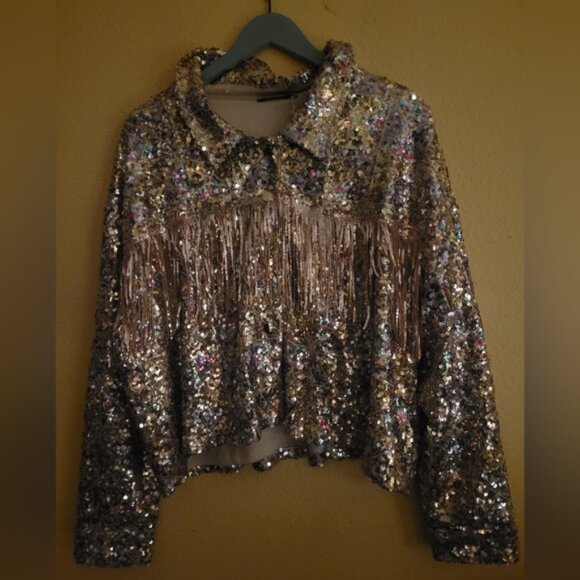 Miss me Sequin crop fringejaket rosegold size L - Picture 8 of 13